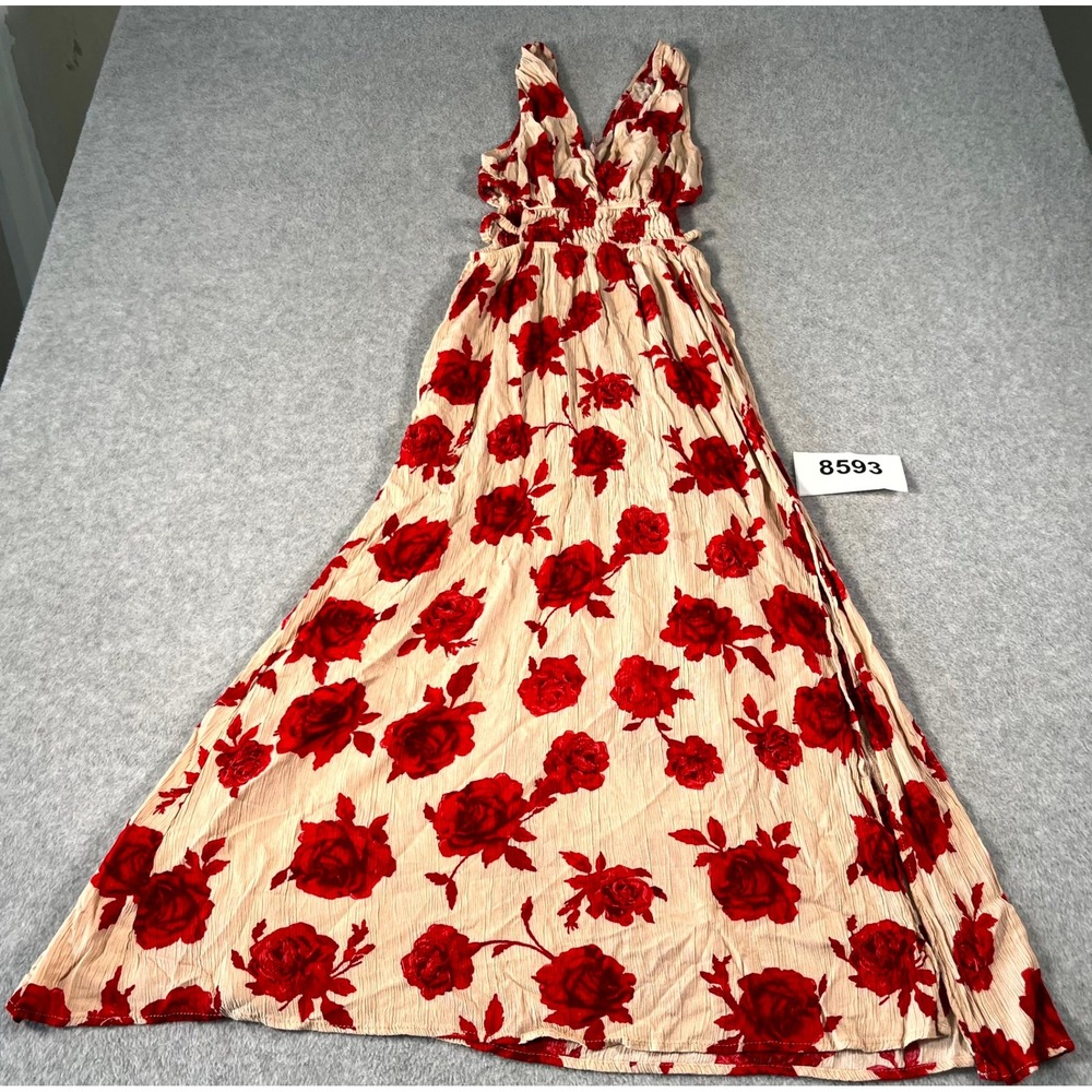 Red Rose Maxi Dress Womens Small Beige Red Floral Side Cut Out Smocked Waist